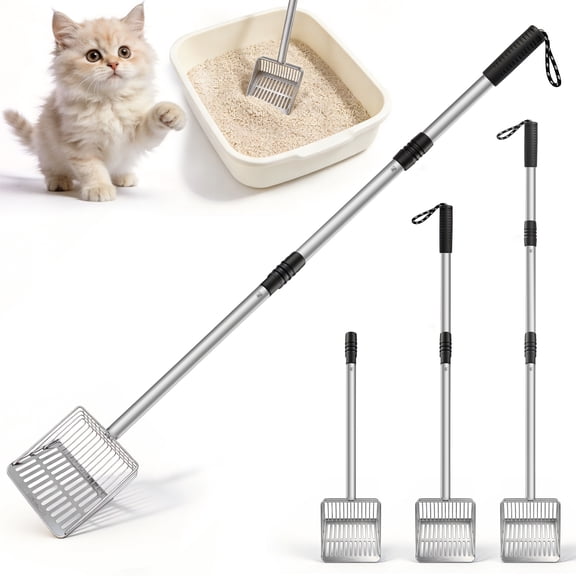 Extendable Metal Cat Litter Scoop, Long Handle Stainless Steel Litter Sifter, Adjustable 21-39 inch Cat Poop Scooper for Kitty Litter Boxes, Chicken Coop, Sand