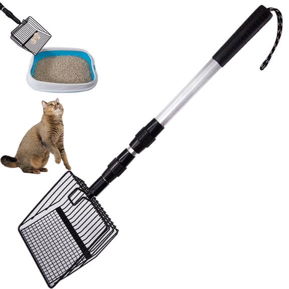 Cat Litter Scoop, Metal Litter Scooper with Deep Shovel, Extendable Long Handle Cat Litter Sifter with Foam Pad Grip, Ergonomic Chicken Poop Scoop, Silver