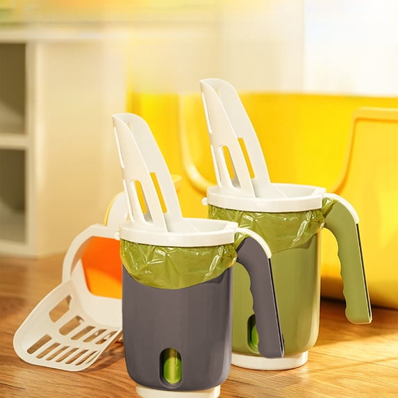 Cat Litter Scoop Set | 3-in-1 Portable Poop Disposal System With Holder, Waste Container, Built-In Bag Storage | Plastic, Gray/Yellow/Green, 9.84x5.51x4.33in | Easy One-Hand Cleaning