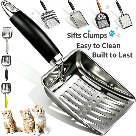 Cat Litter Scoop, Stainless Steel Sifter, Kitty Metal Scooper, Deep Shovel, Long Handle, Poop Sifting, Kitten Pooper Lifter, Durable, Heavy Duty, for Litter Box _ A