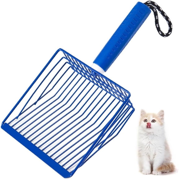 Cat Litter Scooper 2 in 1 Detachable Ergonomic Handle Metal Bar Grid Sifter with Hanging Cord for Cat Litter Box Blue