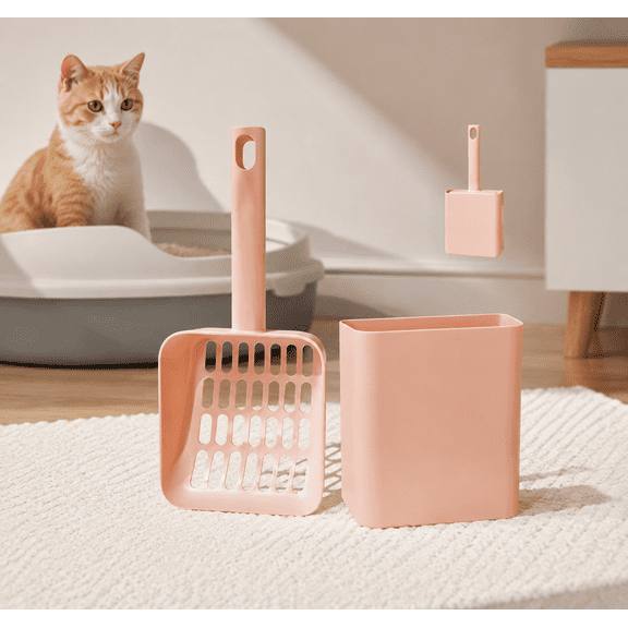 Cat Litter Scooper with Caddy Holder, Litter Box Scoop with Stand, Convenient Storage for Cat Litter Scoop When Not in Use, Modern, Durable, and Cute Design - Light Pink