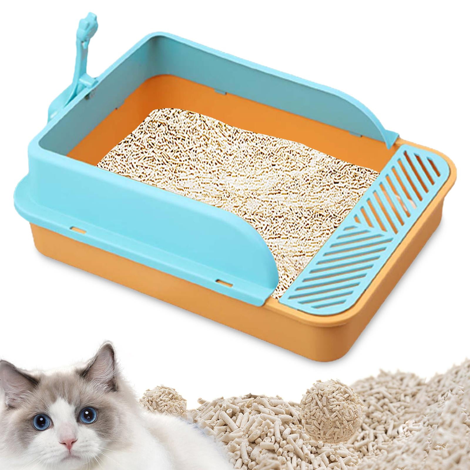 Cat Litter Tray Kitty Litter Pan Cat Sand Box Semi Enclosed Open Top Pet Kitten Toilet for Small Animals Easy to Clean No Odor Orange and Blue XL
