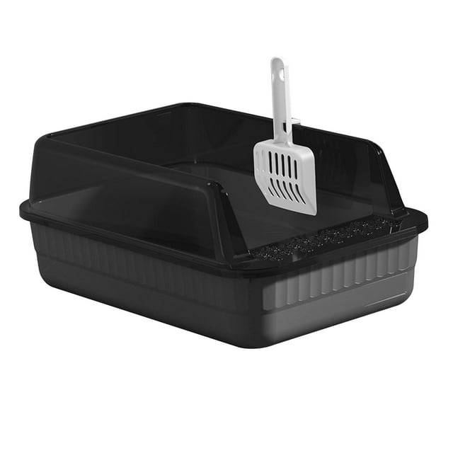 Cat Litter Tray Open Top High Sides Semi Enclosed Space Saving Sturdy Grey