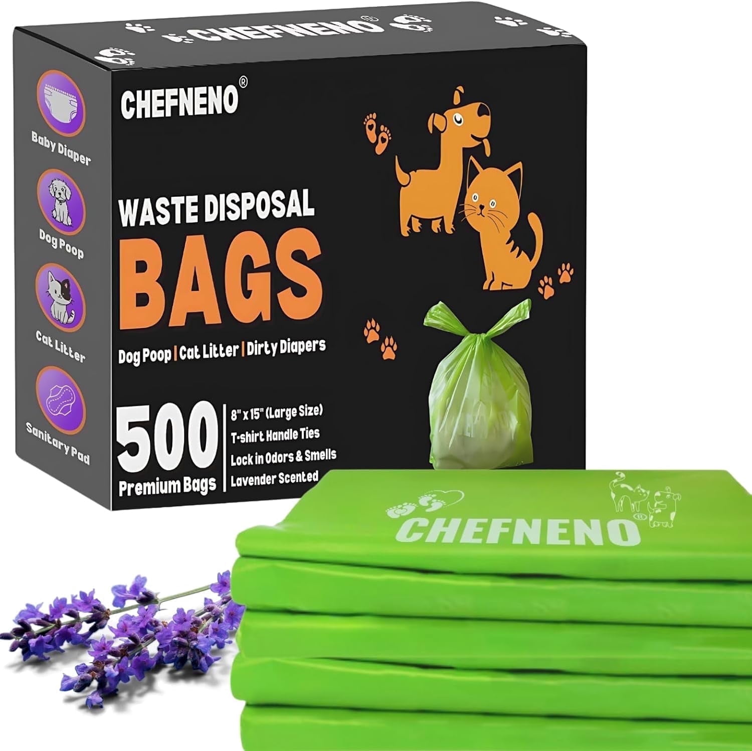 Cat Litter Waste Bags (500 Count) Dog Poop Bags with Easy Tie Handles Earth-Friendly Lavender Scented Cat Litter Poop Diaper Bag Disposable Sanitary Pad Waste Bags (500 Bags)