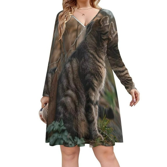 Cat Looking Into The Distance Long Sleeve Dresses For Women Vintage Elegant Party Dress Oversized V-neck Dress S-8XL