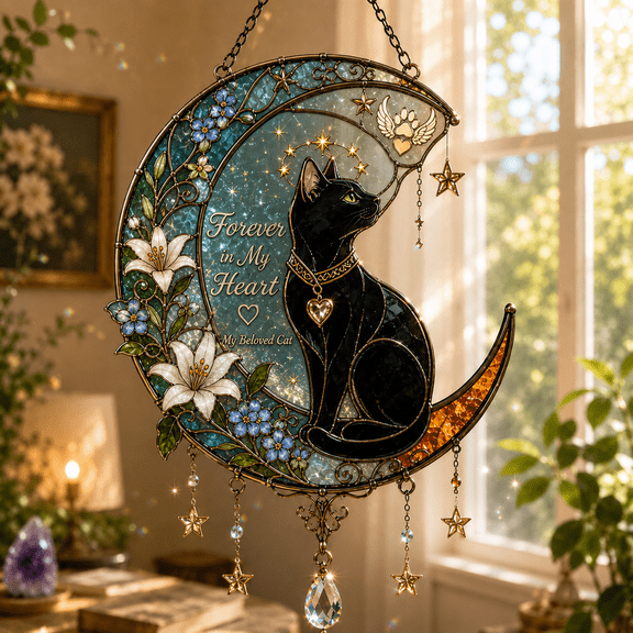 Cat Loss Gift Acrylic Suncatcher Black Cat Moon Memorial Window Hanging