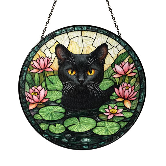 Cat Lotus Window Suncatcher with Stained Glass Effect, Decorative Floral Cat Window Art