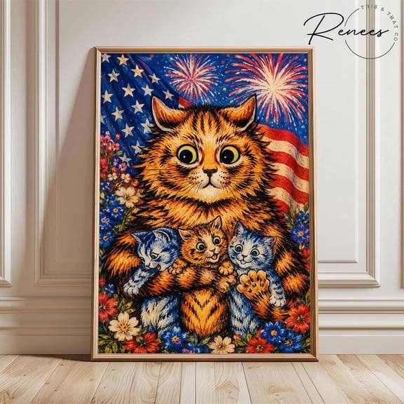Cat Louis Wain Inspired Wall Art Americana Kitten 4Th Of July Cat Decor Usa Kitten Artwork Whimsical Art