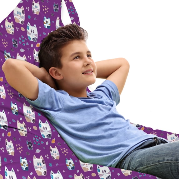 Cat Lounger Chair Bag, Doodle Cartoon Design Kittens Pattern Ornate Hearts Swirls Circles Art, High Capacity Storage with Handle Container, Lounger Size, Multicolor, by Ambesonne