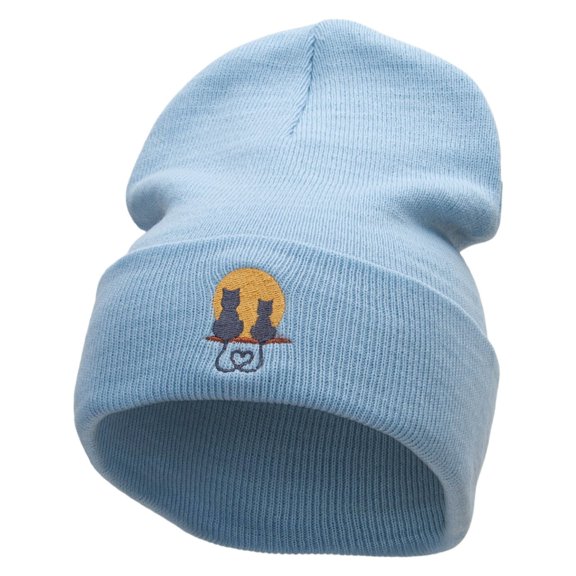 Cat Love Embroidered 12 inch Acrylic Cuffed Long Beanie - Lt Blue OSFM