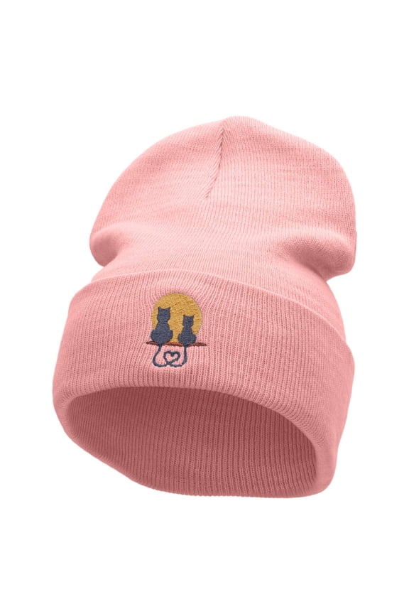Cat Love Embroidered 12 inch Acrylic Cuffed Long Beanie - Pink OSFM