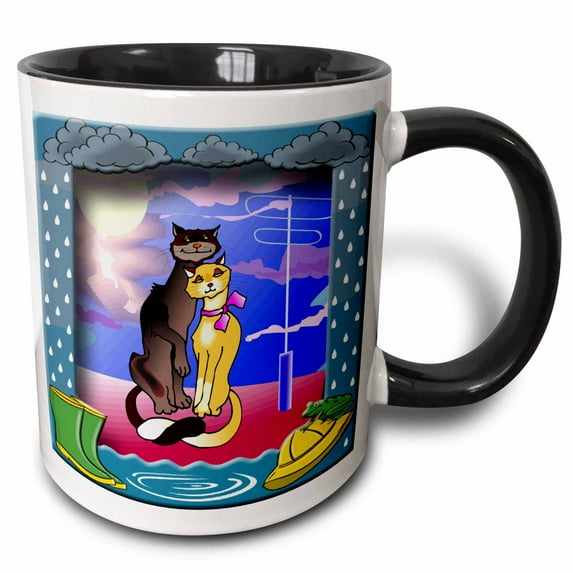 3drose, Cat Love on the Rooftop Adorable Black and Siamese Cats Hug in the Moonlight in the Rain, 15oz Two-tone Black Mug