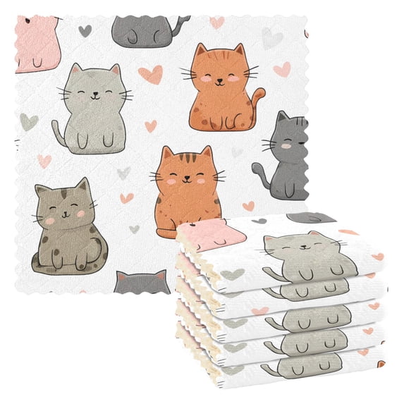 Cat Love Pattern Dish Towels 6 Pack Kitchen Cleaning Dish Cloths Absorbent Reuseable Cleaning Cloths 11'' x 11''