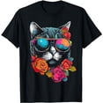 thumbnail image 1 of Cat Lover Artwork | Sunglasses Flower Animal Motif Cat T-Shirt, 1 of 3