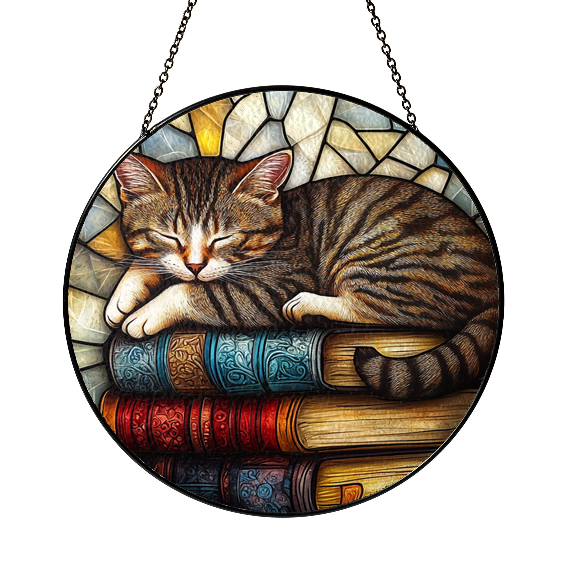 Cat Lover Bookworm Suncatcher – Sleeping Cat and Books Stained Glass ...
