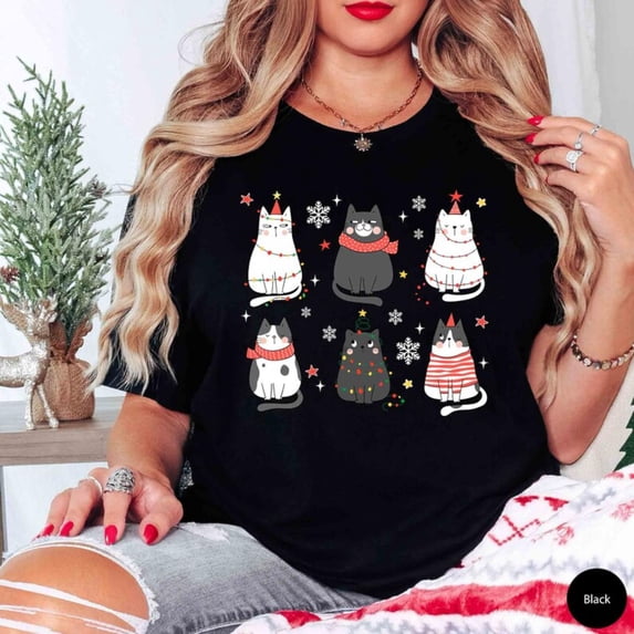 Cat Lover Christmas T Shirt for Women, Funny Holiday Graphic Tee, Cute Cat Xmas Top,Crew neck,Fashion,cotton,black,S-5XL