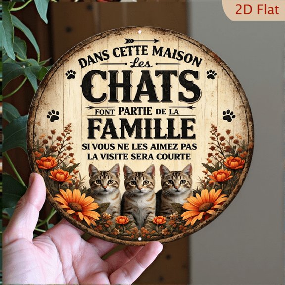 Cat Lover Circular Metal Wall Sign, French Quote Rustic Decor, 8x8 Inch Aluminum Hanging Plaque with Kitten Illustration