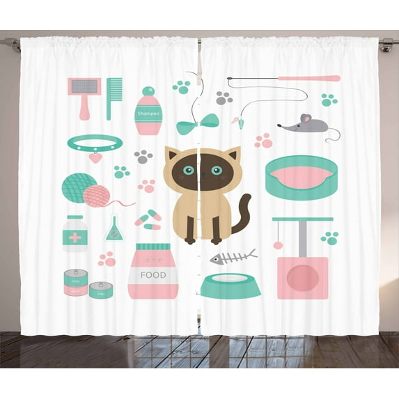 Ambesonne Kitten Curtains 2 Panel Set, Cartoon Domestic Siamese, 108" x 108", Multicolor