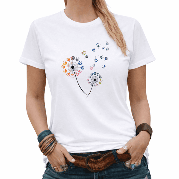 Cat Lover Dandelion Paw Print Floral Graphic Tees Womans Tshirt Tops Black/White S-5XL