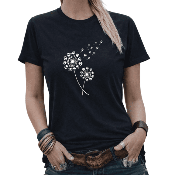 Cat Lover Dandelion Paw Print Floral Graphic Tees Womans Tshirt Tops Black/White S-5XL