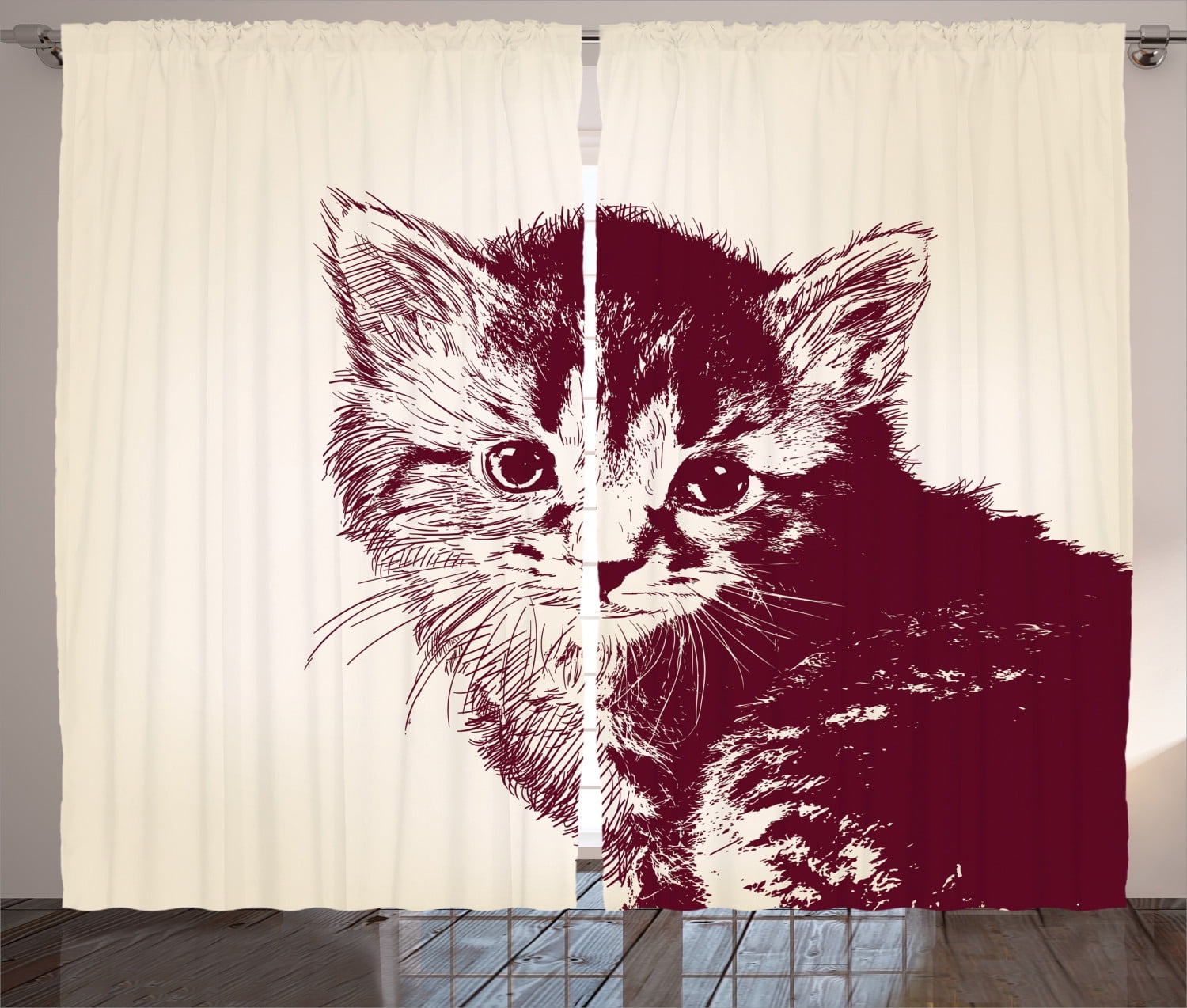 Maroon Cream Cat Print Semi-Sheer Curtain Panels Set