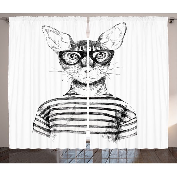 Ambesonne Black White Curtains 2 Panel Set, Hipster New Age Cat, 108" x 90", Black White
