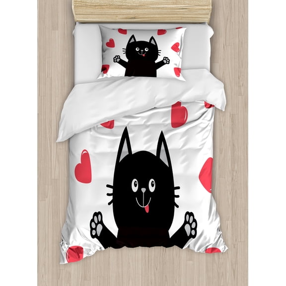 Cat Lover Duvet Cover Set, Funny Romantic Composition with Hearts Around Cartoon Kitten, Decorative 2 Piece Bedding Set with 1 Pillow Shams, Twin Size, Charcoal Grey and Dark Coral, by Ambesonne