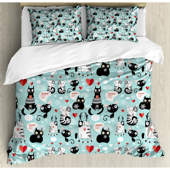Cat Lover Duvet Cover Set King Size, Black and White Cats in Love Meow Print among Hearts Daydreaming Kitties Cat Ears, Decorative 3 Piece Bedding Set with 2 Pillow Shams, Multicolor, by Ambesonne