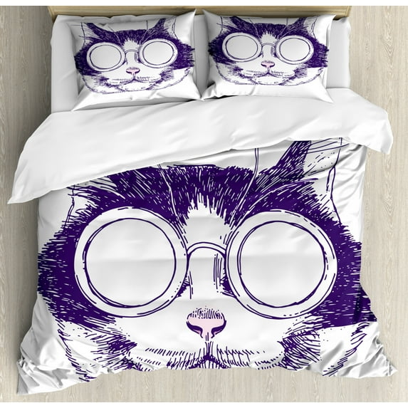 Cat Lover Duvet Cover Set King Size, Funny Cool Cat Head Portrait with Sunglasses Sketchy Illustration, Decorative 3 Piece Bedding Set with 2 Pillow Shams, Indigo Baby Pink and White, by Ambesonne