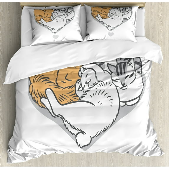 Cat Lover Duvet Cover Set, Kitties Lying in and Cuddling in Shape of Heart Bedtime Pets Meow Love, Decorative 3 Piece Bedding Set with 2 Pillow Shams, King Size, Apricot White Grey, by Ambesonne