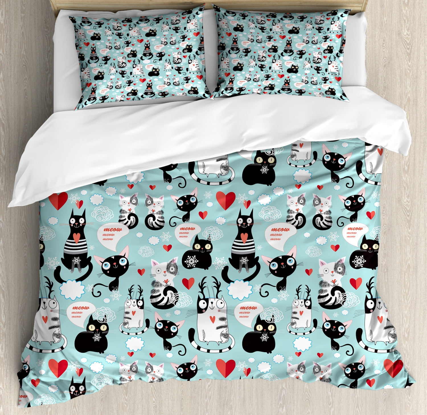 Queen Size Black and White Cat Print Duvet Cover Set