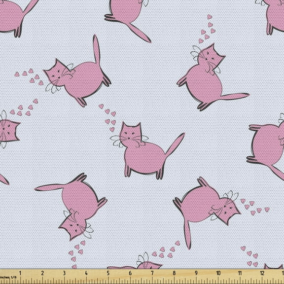 Ambesonne Cat Lover Fabric by the Yard Upholstery, Romantic Pink Kittens, 1 Yard, Pale Grey Pink