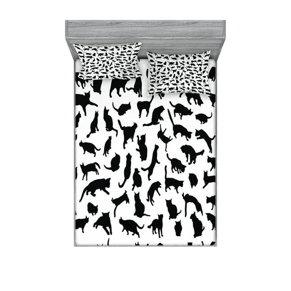 Cat Lover Fitted Sheet & Pillow Sham Set, Black Silhouettes of Cats in Different Poses Scratching Stretching Playing, Decorative Printed 6 Piece Bedding Decor Set, Calking, Black White, by Ambesonne