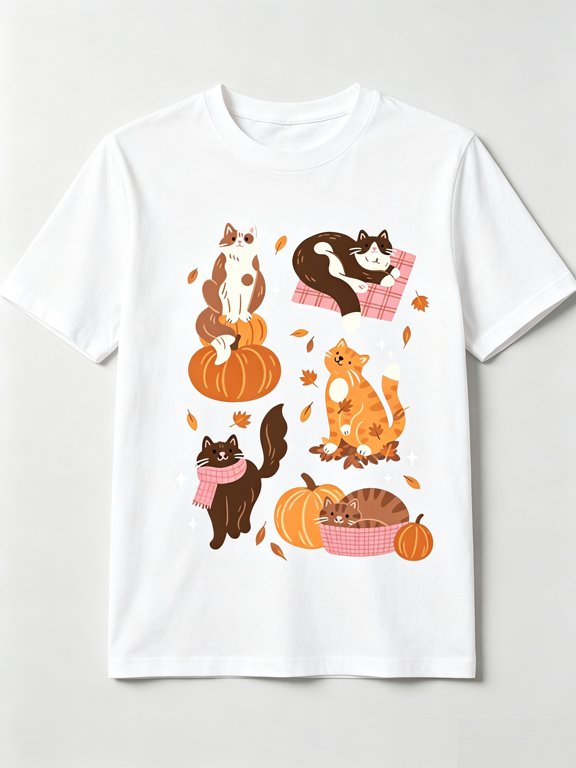 Cat Lover Gift T-Shirt Cute Autumn Cats Pumpkin Leaves Print