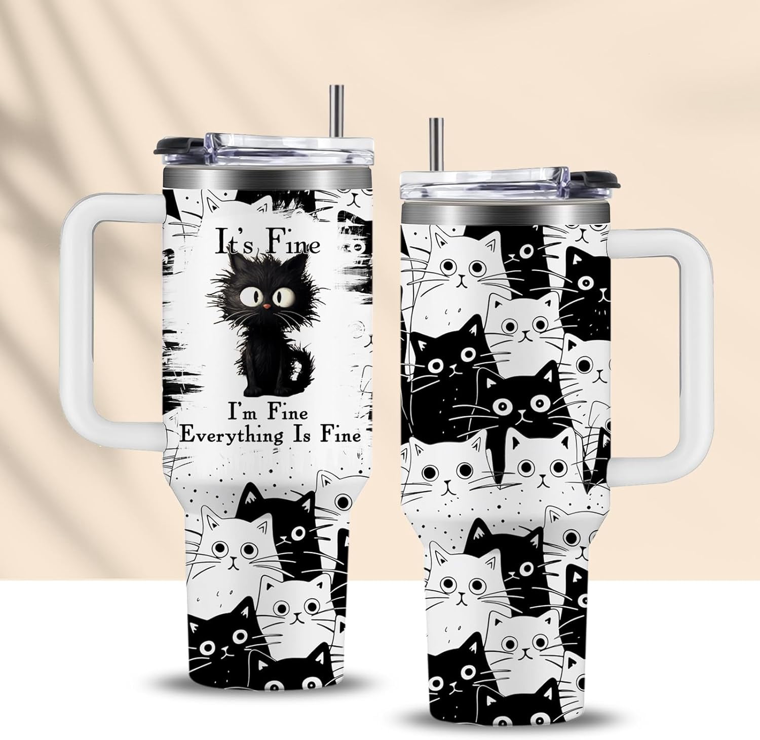 Cat Lover Gifts, Gift for Cats Lovers Women Men Girls Funny 40oz Black Cats Themed Tumbler Cups with Handle - Everything Is Fine Mug, Christmas Birthday Gift for Black Cat Mom Lady Gifts Cup
