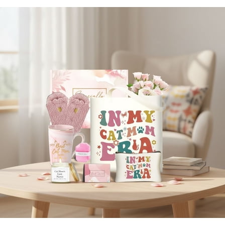 Cat Lover Gifts for Women, Cat Mom Themed Gift Box for Christmas, Birthday Gifts Set with Candle box Coffee Mug Canvas Tote Bag