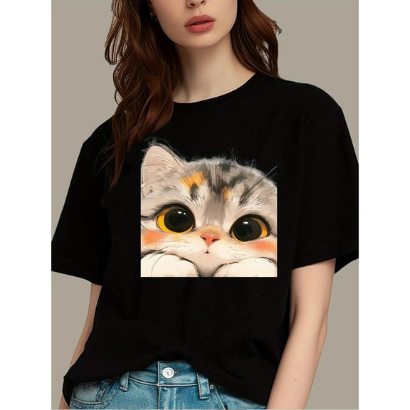 Cat Lover Graphic Tee Top Charming Print Fashion Casual Short Sleeve Round Neck Black S-5XL