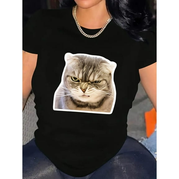 Cat Lover Graphic Tee Women's Fashion Casual T-Shirt Top Round Neck Short Sleeve Cotton Shirt Black S-5XL