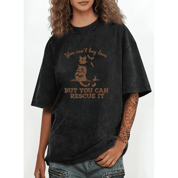 Cat Lover Graphic Tees Print Tshirt Washed Black Rescue Quote Shirts S-2XL Tops