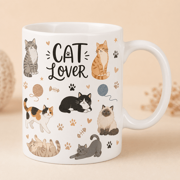 Cat Lover Mug Cute 2D Flat Mug for Cat Moms, Pet Lovers & General POD Gift