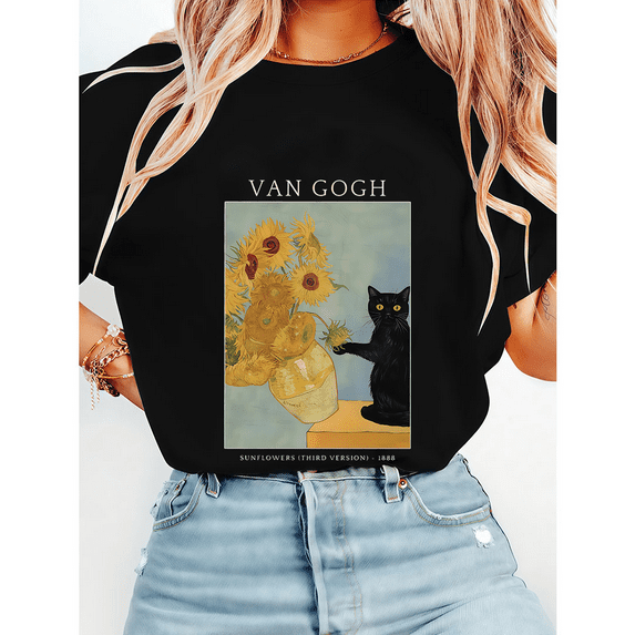 Cat Lover Print Tshirts Funny Black Cat & Artistic Van Gogh Sunflowers Graphic Tees Short Sleeve Casual Tops Vintage Art Shirts for Daily Outfits Black,S