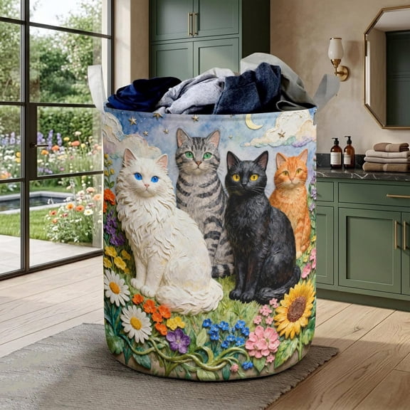 Cat Lover Quilted Laundry Basket, Cute Cat Floral Hamper, Cottagecore Kitten Laundry Bin, Whimsical Pet Fabric Storage Basket