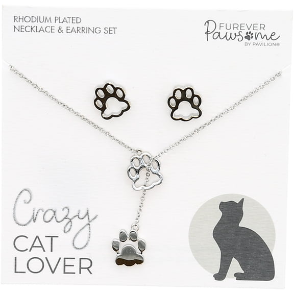 Pavilion Gift Company - Cat Lover - Rhodium Plated Adjustable Necklace and Earring Set