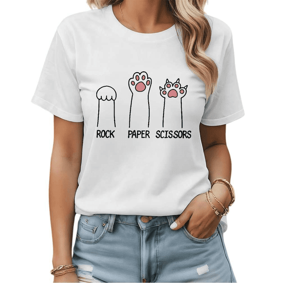 Cat Lover Rock Paper Scissors Gift Graphic Tees Womans Tshirt Black White S-5XL Tops