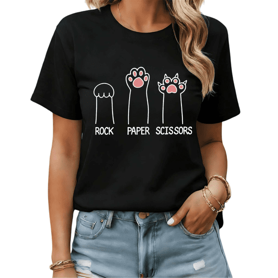 Cat Lover Rock Paper Scissors Gift Graphic Tees Womans Tshirt Black White S-5XL Tops