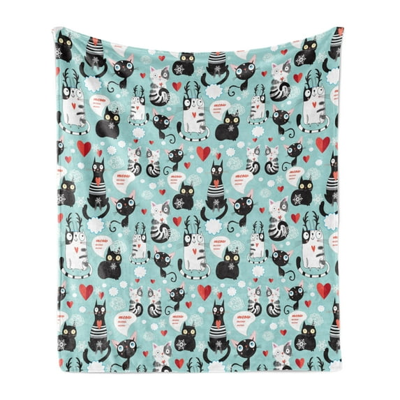 Cat Lover Soft Flannel Fleece Blanket, Black and White Cats in Love Meow Print Among Hearts Daydreaming Kitties Cat Ears, Cozy Plush for Indoor and Outdoor Use, 50" x 70", Multicolor, by Ambesonne