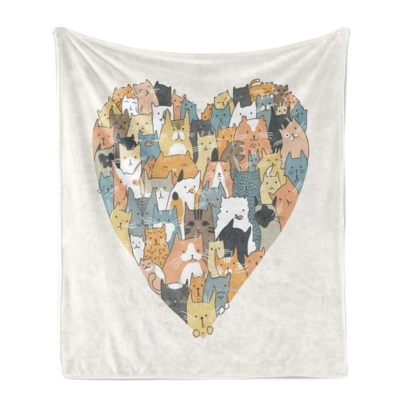 Cat Lover Soft Flannel Fleece Blanket, Heart Shape with Filling of Different Colored Cats Illustration Little Cat Paws, Cozy Plush for Indoor and Outdoor Use, 50" x 70", Multicolor, by Ambesonne