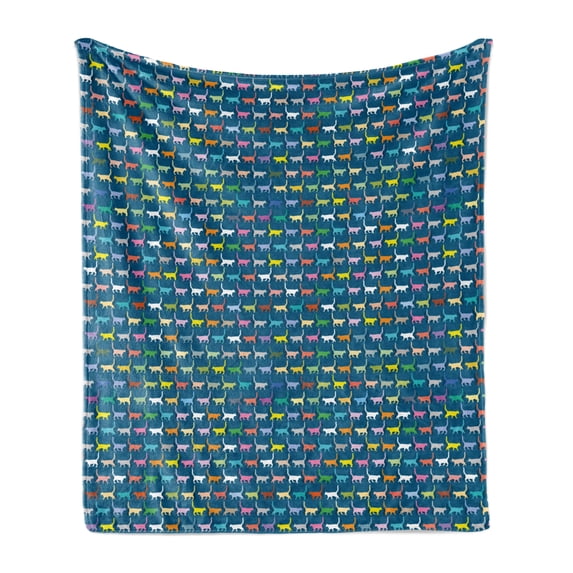 Cat Lover Soft Flannel Fleece Blanket, Illustration of Colorful Walking Kitty Silhouettes in Repeated Pattern, Cozy Plush for Indoor and Outdoor Use, 60" x 80", Sea Blue Multicolor, by Ambesonne