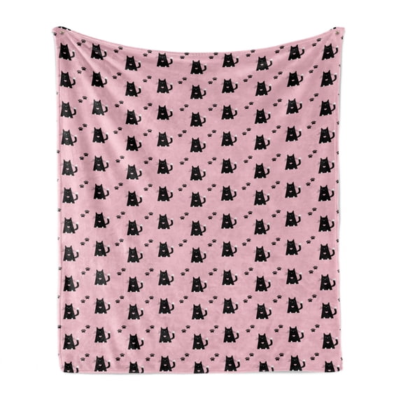 Cat Lover Soft Flannel Fleece Blanket, Kitten Motifs Along Paws Childish Characters Toddler Animal Scene, Cozy Plush for Indoor and Outdoor Use, 50" x 70", Baby Pink and Night Blue, by Ambesonne